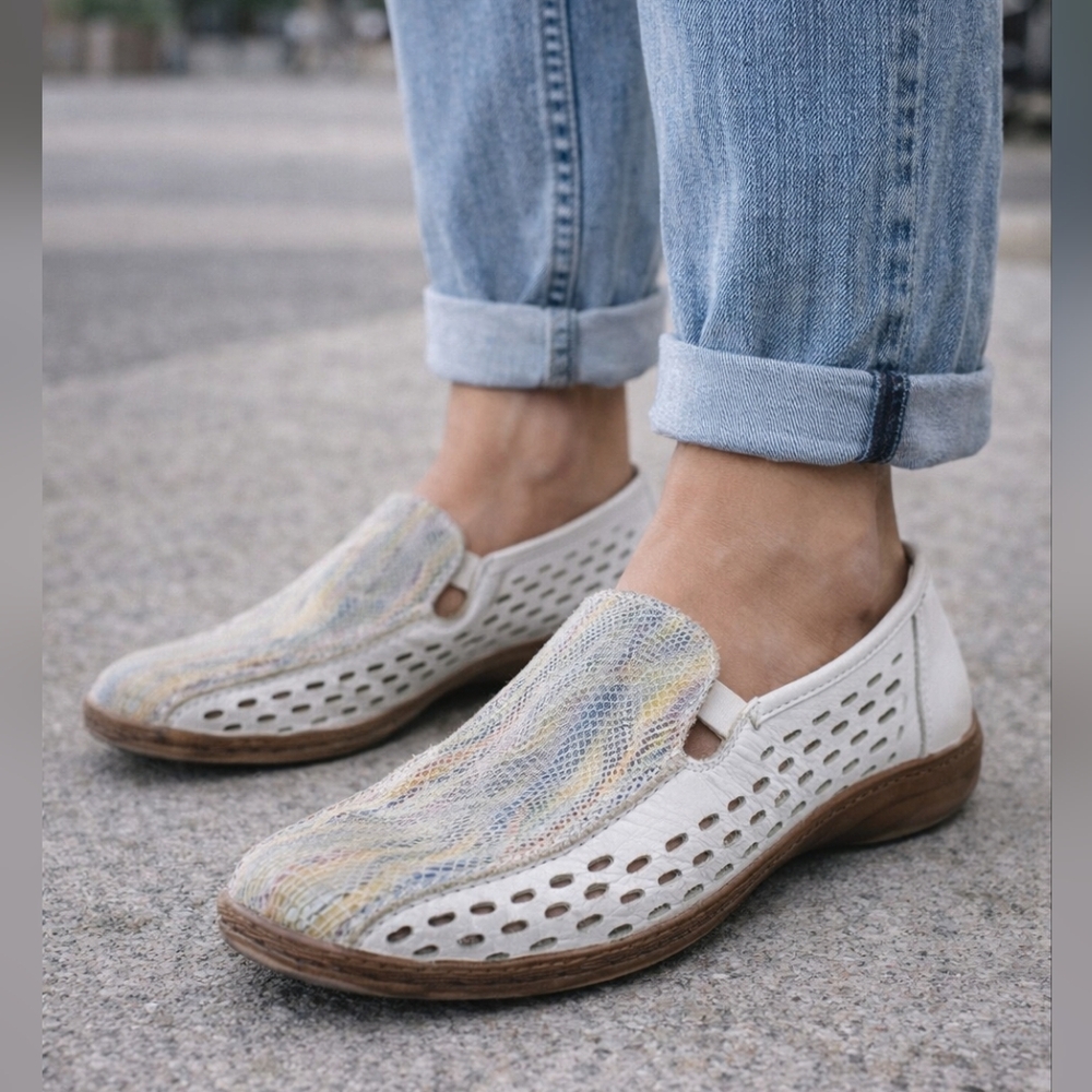 Rieker White Leather Slip-On Loafers EU 38 Comfort Perforated Casual Shoes Women